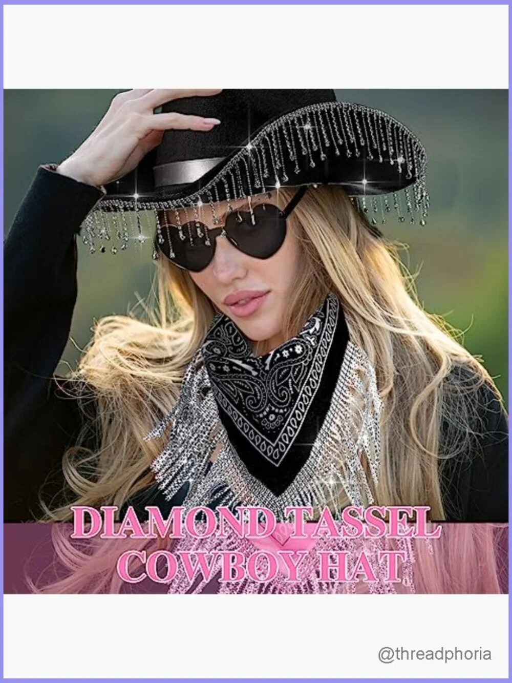 3-Piece Rhinestone Cowgirl Hat Set with Fringe Bandana and Heart Sunglasses